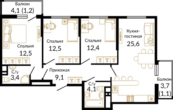 Планировка 3-комн 84,8 - 86,5 м²