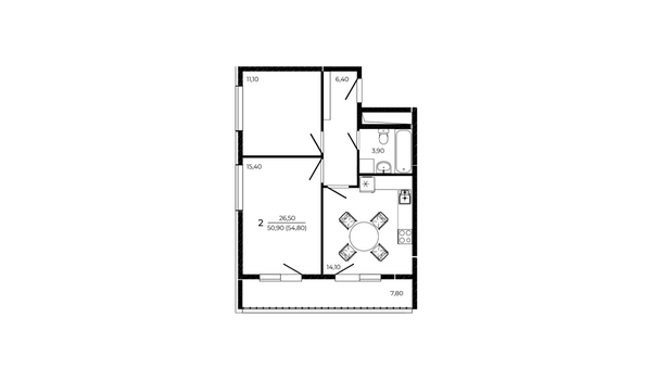 Планировка 2-комн 54,8 м²