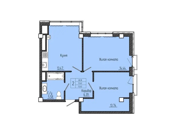 Планировка 2-комн 53,62, 54,42 м²