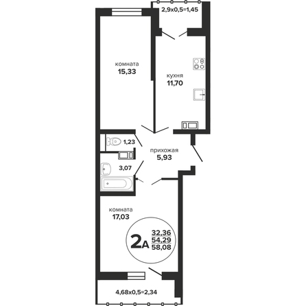 Планировка 2-комн 58,08 м²