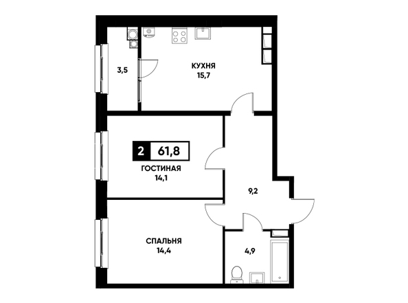 Планировка 2-комн 61,8 - 62,2 м²