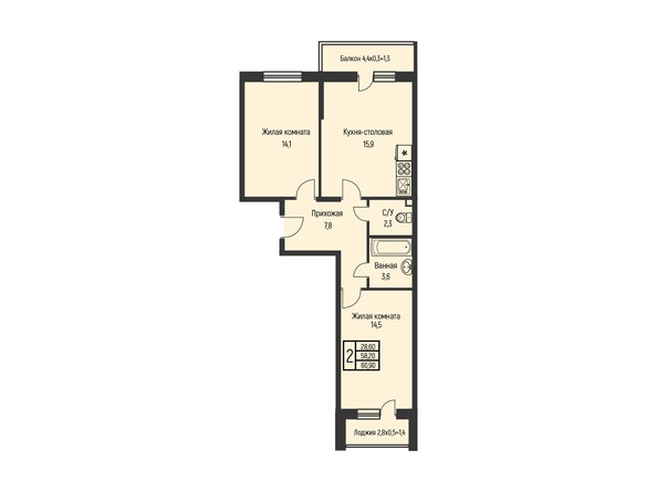 Планировка 2-комн 60,9 м²