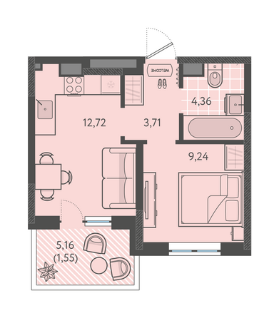 Планировка 1-комн 31,58 м²
