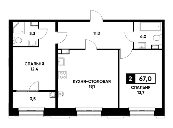 Планировка 1-комн 67 м²