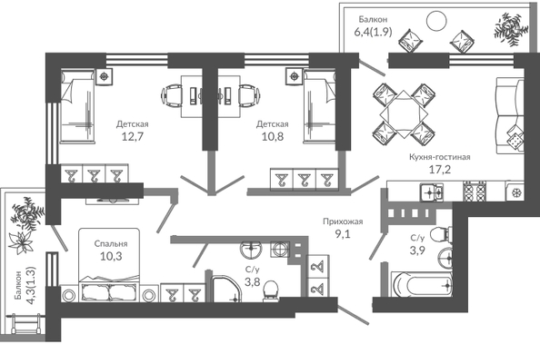 Планировка 3-комн 71 м²