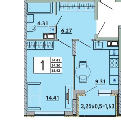 Планировка 1-комн 35,93 м²