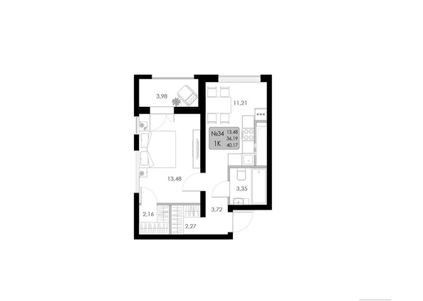 Планировка 1-комн 39,93 - 41,03 м²