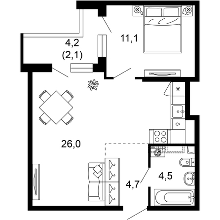 Планировка 1-комн 48,4 м²
