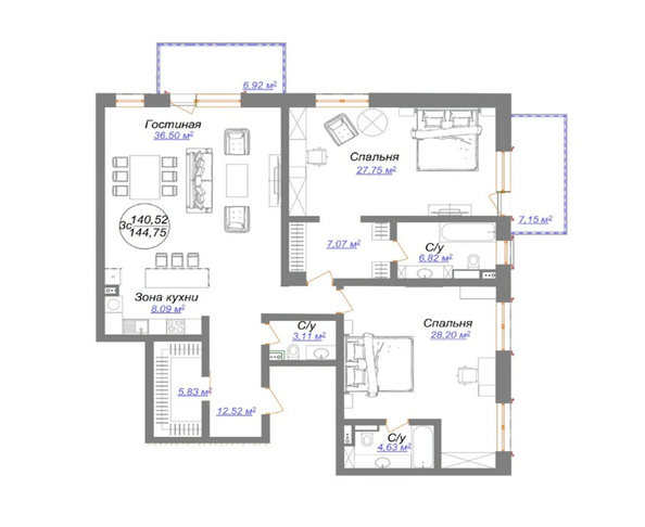 Планировка 3-комн 144,75 м²