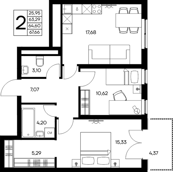 Планировка 2-комн 67,66 м²