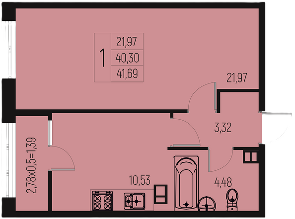 Планировка 1-комн 41,69, 41,88 м²