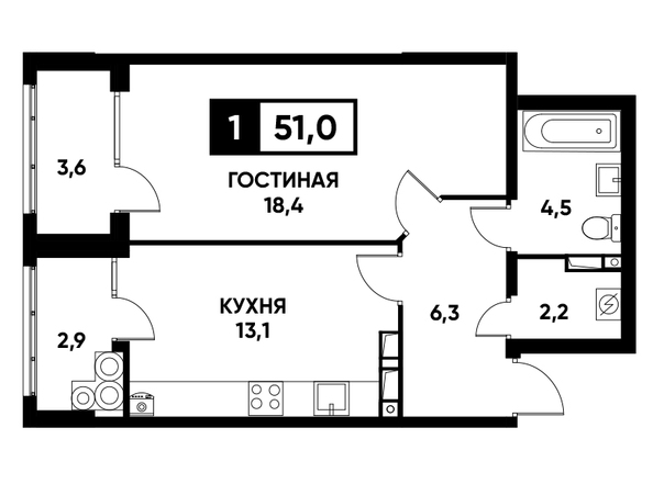 Планировка 1-комн 51 м²
