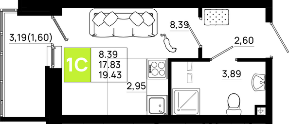 Планировка Студия 19,43 м²