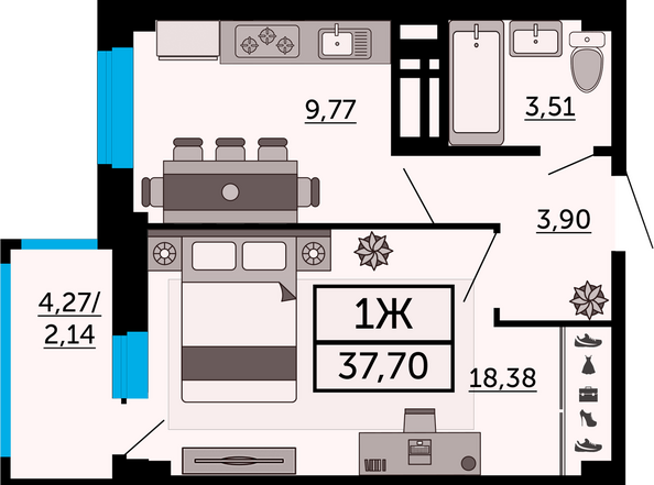 Планировка 1-комн 37,7 м²