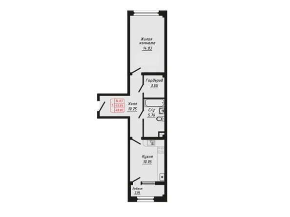 Планировка 1-комн 48,8 м²
