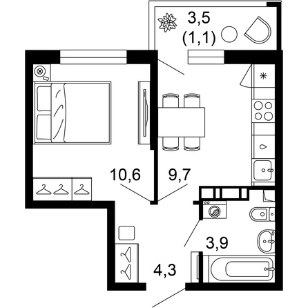 Планировка 1-комн 29,6 м²