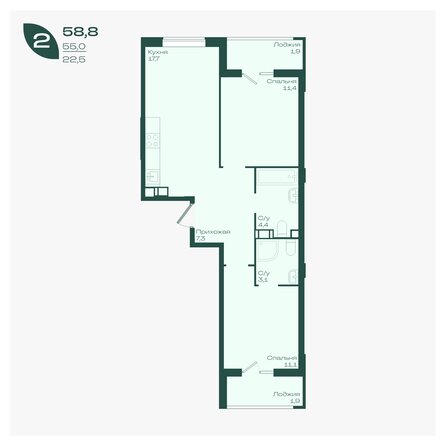 Планировка 2-комн 58,8, 59,2 м²