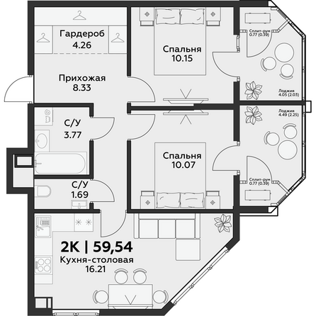 Планировка 2-комн 59,54 м²