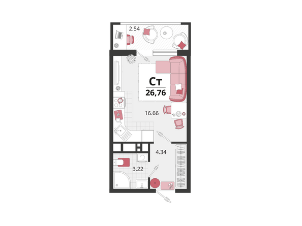 Планировка 1-комн 26,76 м²