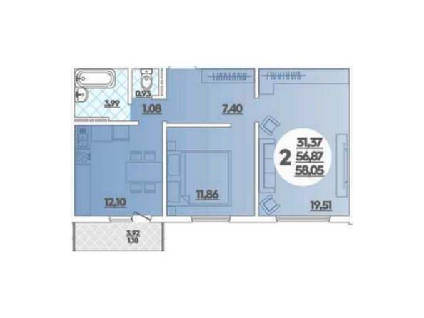 Планировка 2-комн 58,05, 58,21 м²