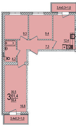 Планировка 3-комн 61,4 м²