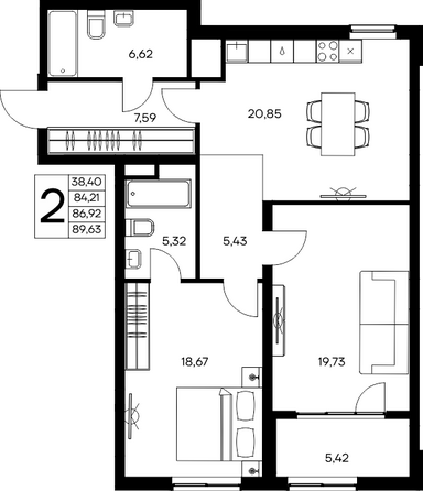 Планировка 2-комн 89,63 м²