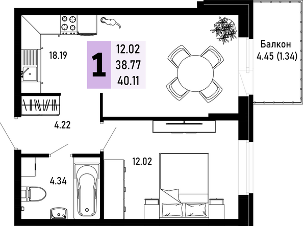 Планировка 1-комн 40,11 м²