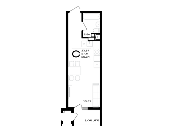 Планировка Студия 28,64 м²