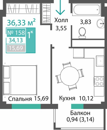 Планировка 1-комн 34,13 - 34,71 м²