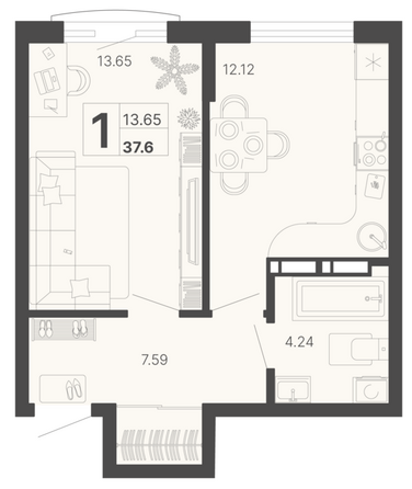 Планировка 1-комн 37,6 м²