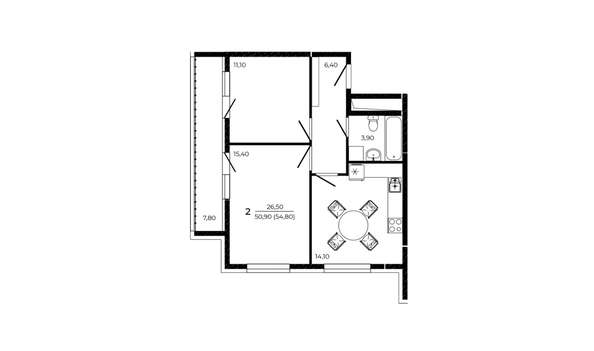 Планировка 2-комн 54,8 м²