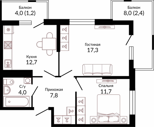 Планировка 2-комн 57,1 м²