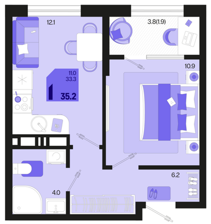 Планировка 1-комн 35,2, 36 м²