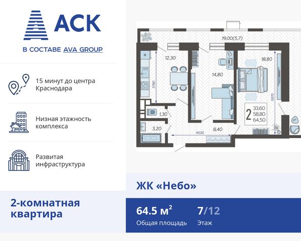 Планировка 2-комн 64,5 м²