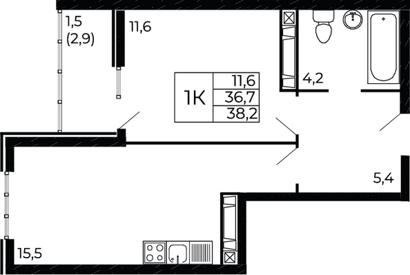 Планировка 1-комн 38,2 м²