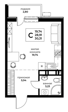 Планировка Студия 30,31 м²
