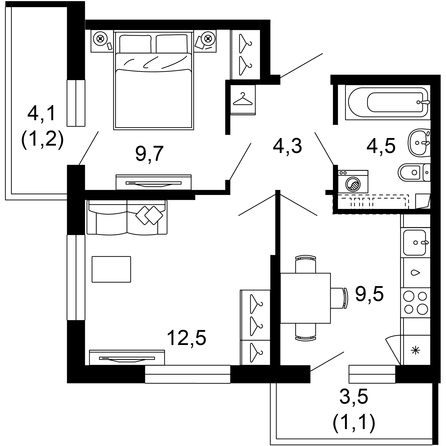 Планировка 2-комн 42,4, 42,8 м²