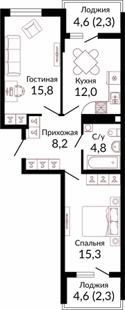 Планировка 2-комн 60,7 м²