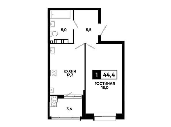 Планировка 1-комн 44,1 - 44,6 м²