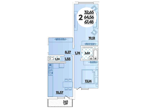Планировка 2-комн 65,69 м²