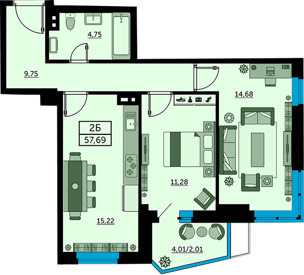 Планировка 2-комн 57,51 - 58,19 м²