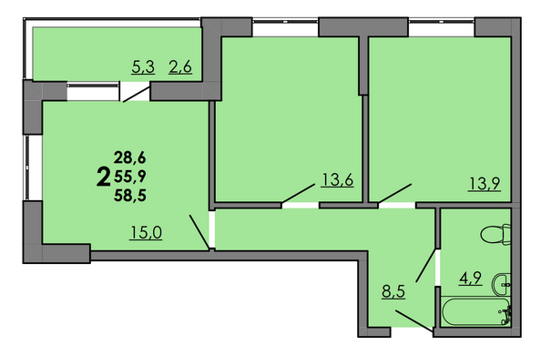 Планировка 2-комн 58,5 м²