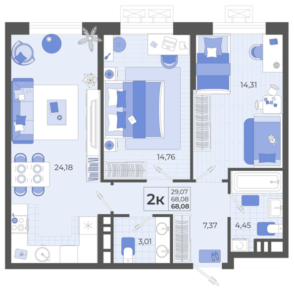 Планировка 2-комн 68,08 м²
