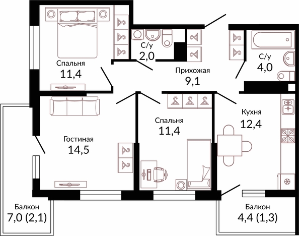 Планировка 3-комн 68,2 м²