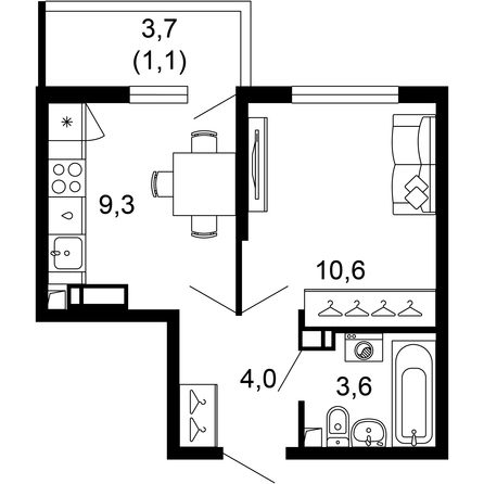 Планировка 1-комн 28,6 м²