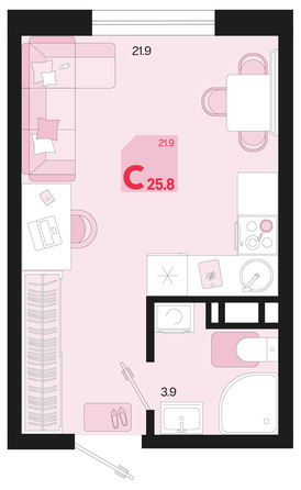 Планировка 1-комн 25,8, 26,4 м²