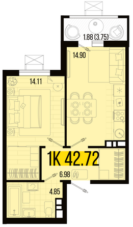 Планировка 1-комн 42,72 м²