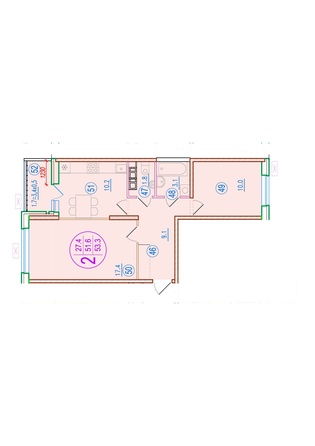 Планировка 2-комн 53,3 м²