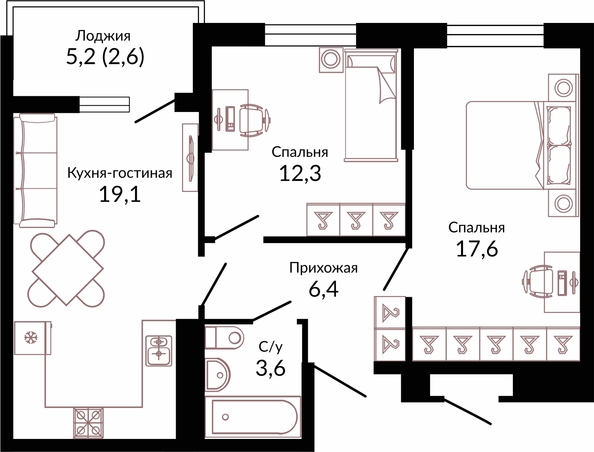 Планировка 2-комн 61,6 м²