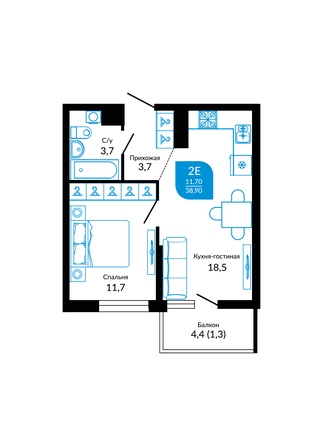 Планировка 1-комн 38,9, 39 м²